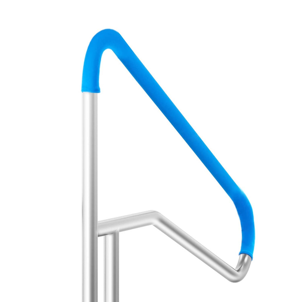 Curved stainless steel pool handrail with blue padded grip, shown from the side