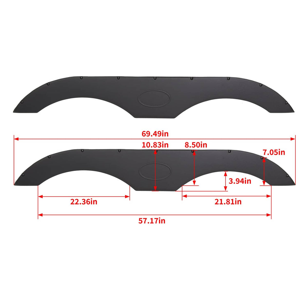 Black fender skirt pair with oval center detail and predrilled mounting holes