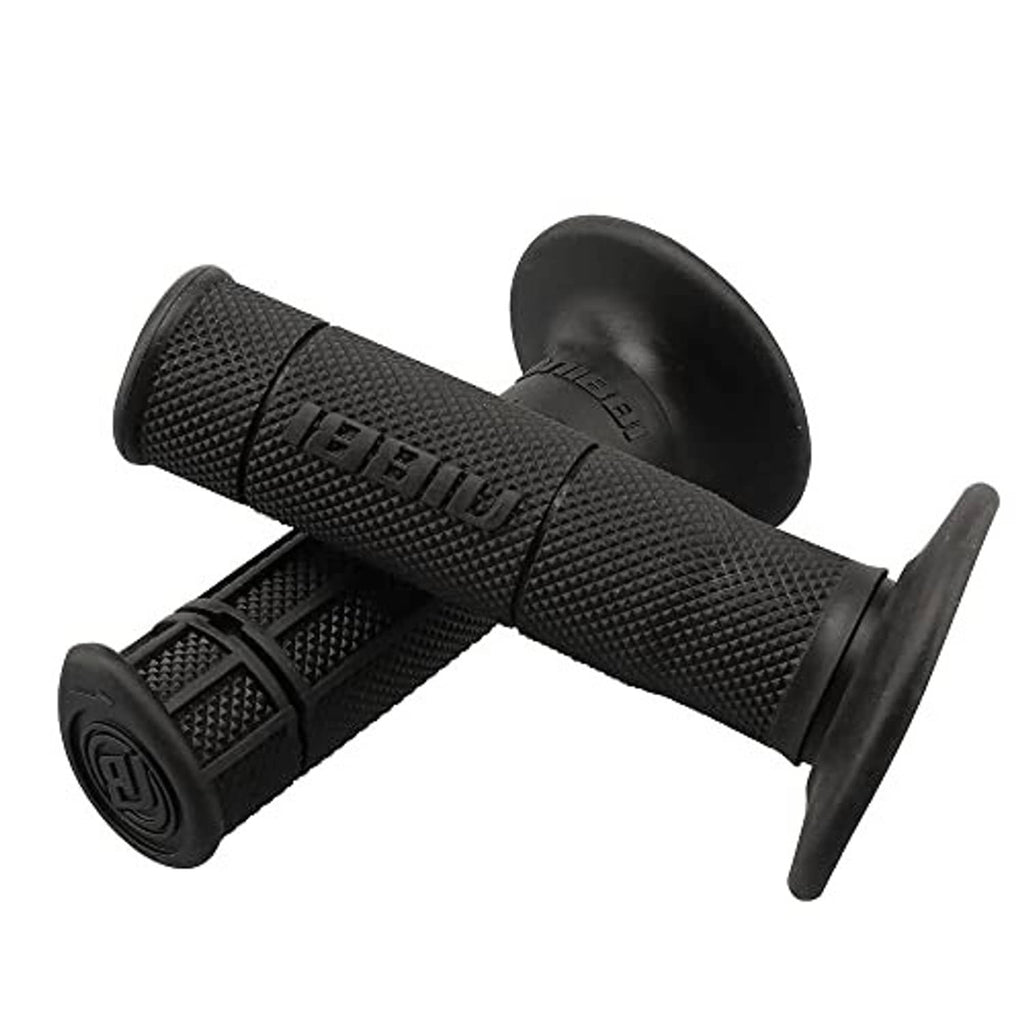 Black textured motorcycle hand grips, flared end caps and ribbed central section