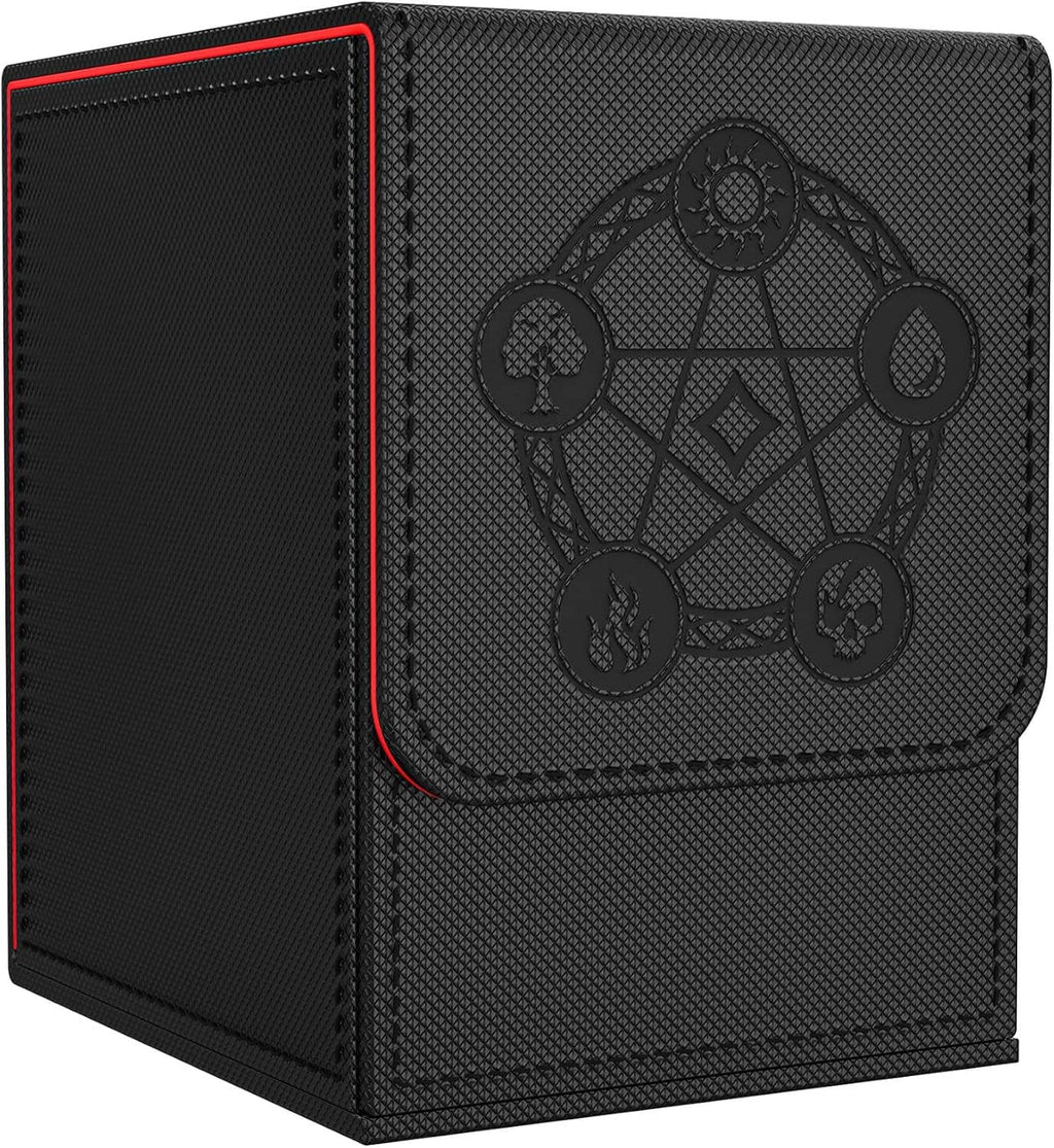 Black PU leather magnetic card deck box with embossed emblem and internal divider