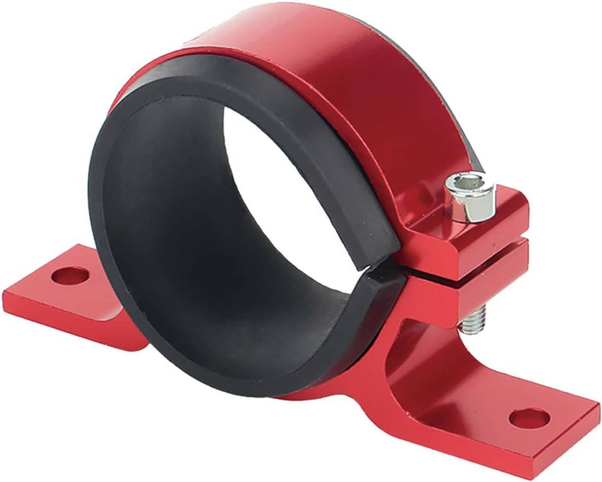 Fuel pump mounting bracket with red base, black rubber insert, and two bolt holes
