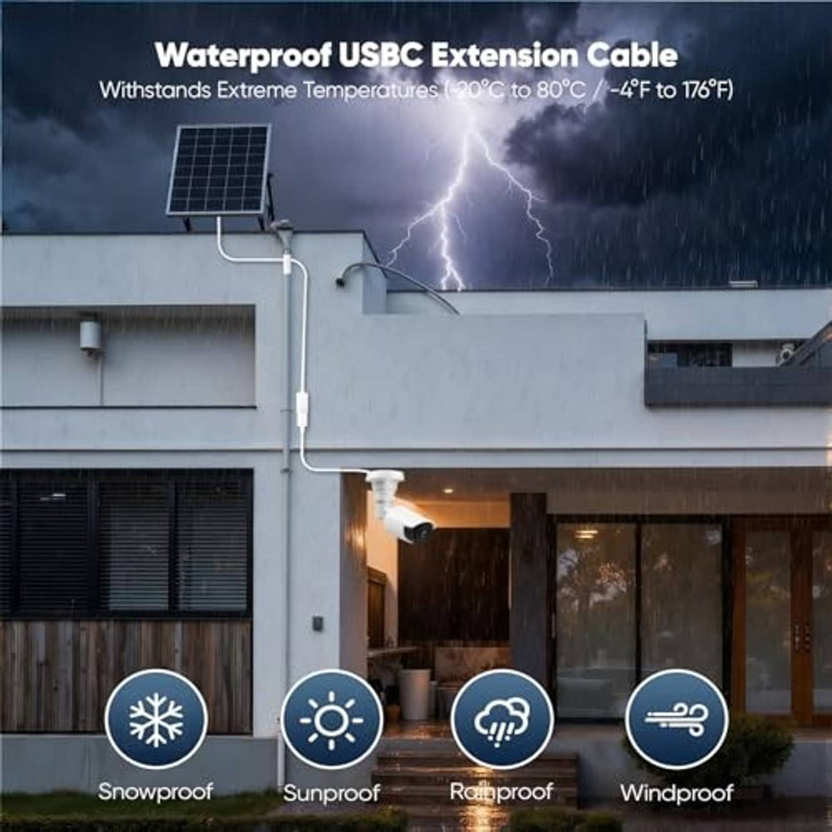 White USB-C extension cable outdoor run connecting devices on a building exterior