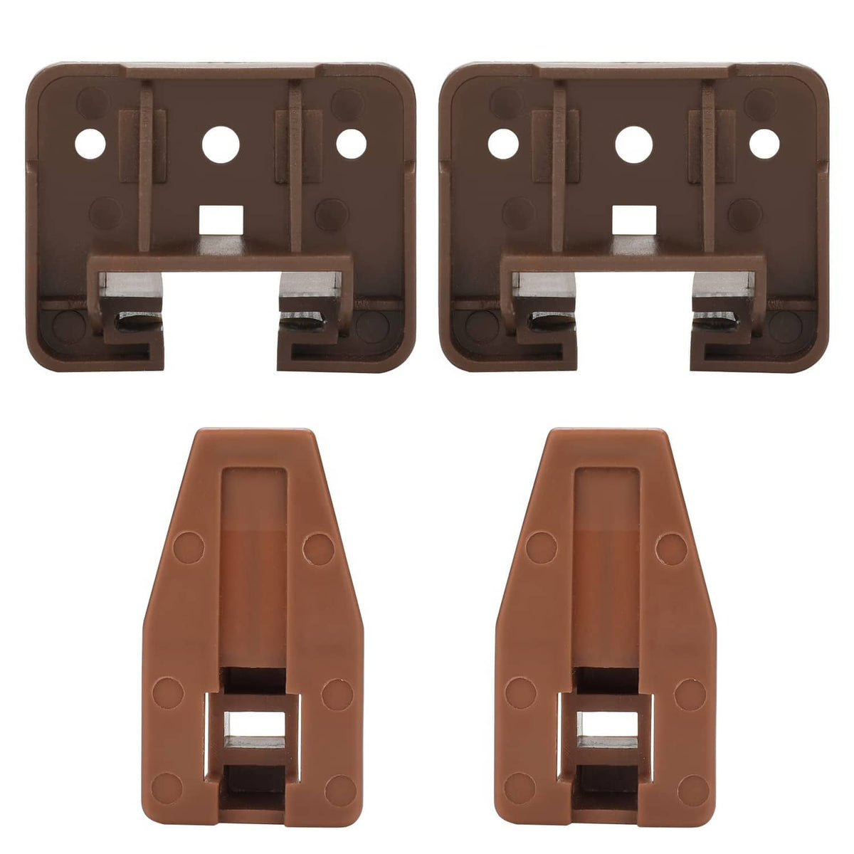 Brown plastic drawer slide guides and tracks, two-piece set with mounting clips