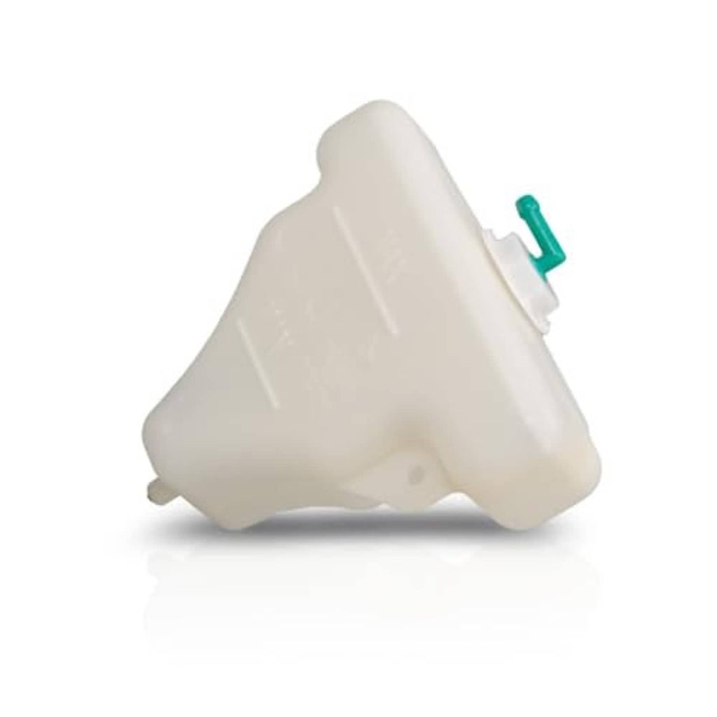 Off-white coolant reservoir with green cap fitting, angled view