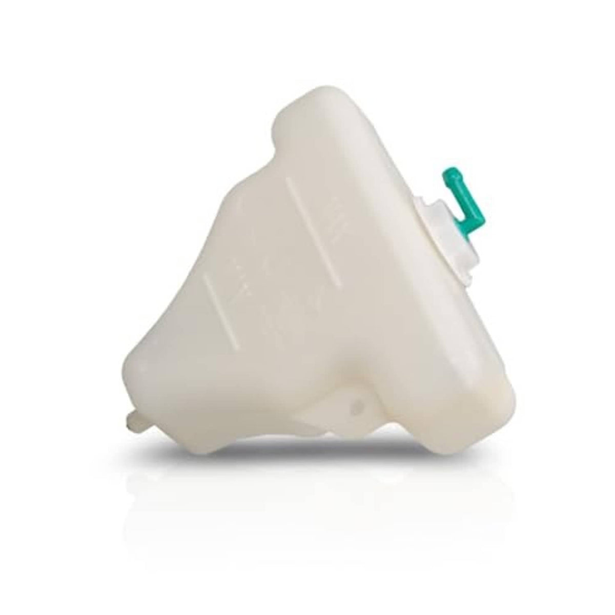 Off-white coolant reservoir with green cap fitting, angled view