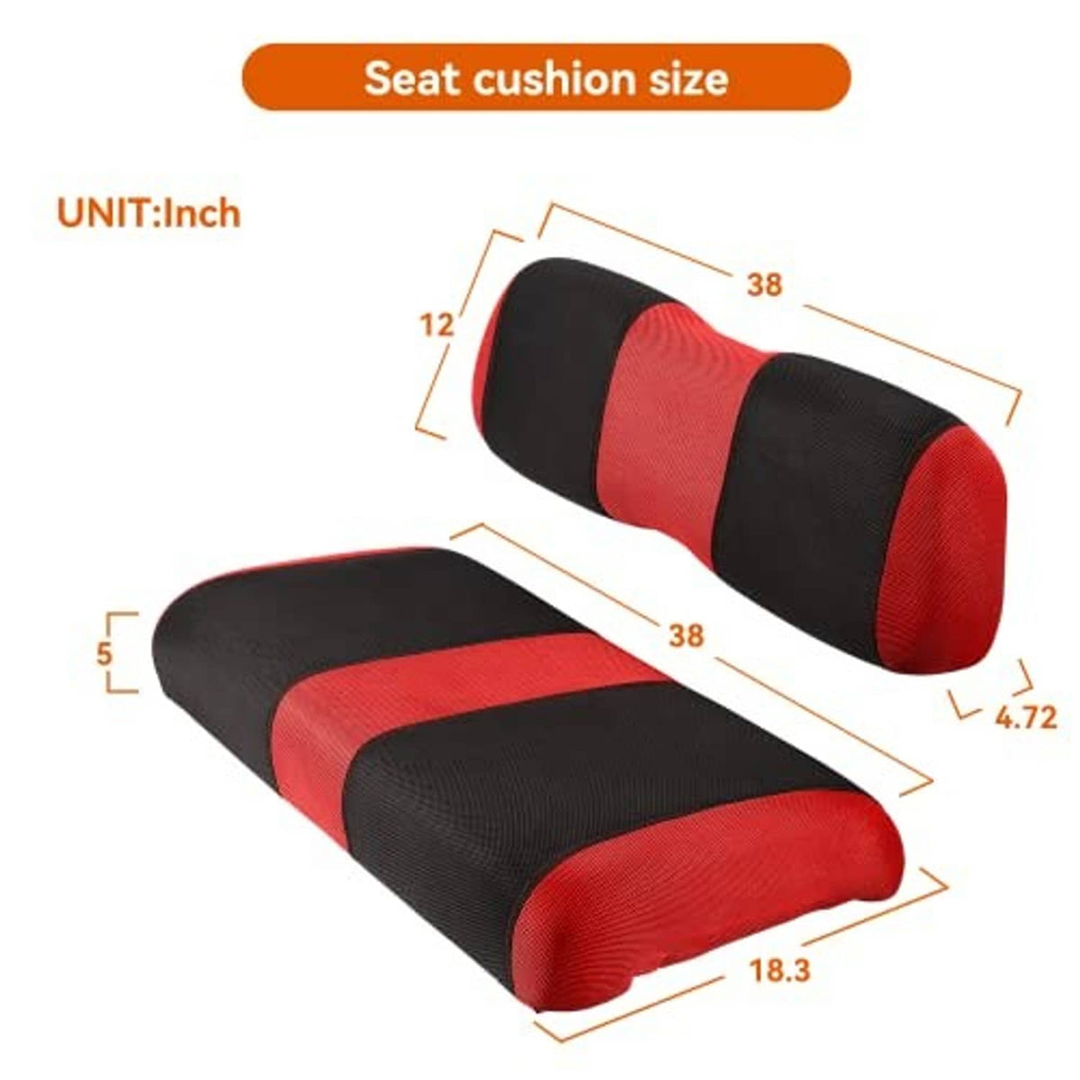 Seat cover size chart (inches): headrest 12x38, seat 5x38x18.3