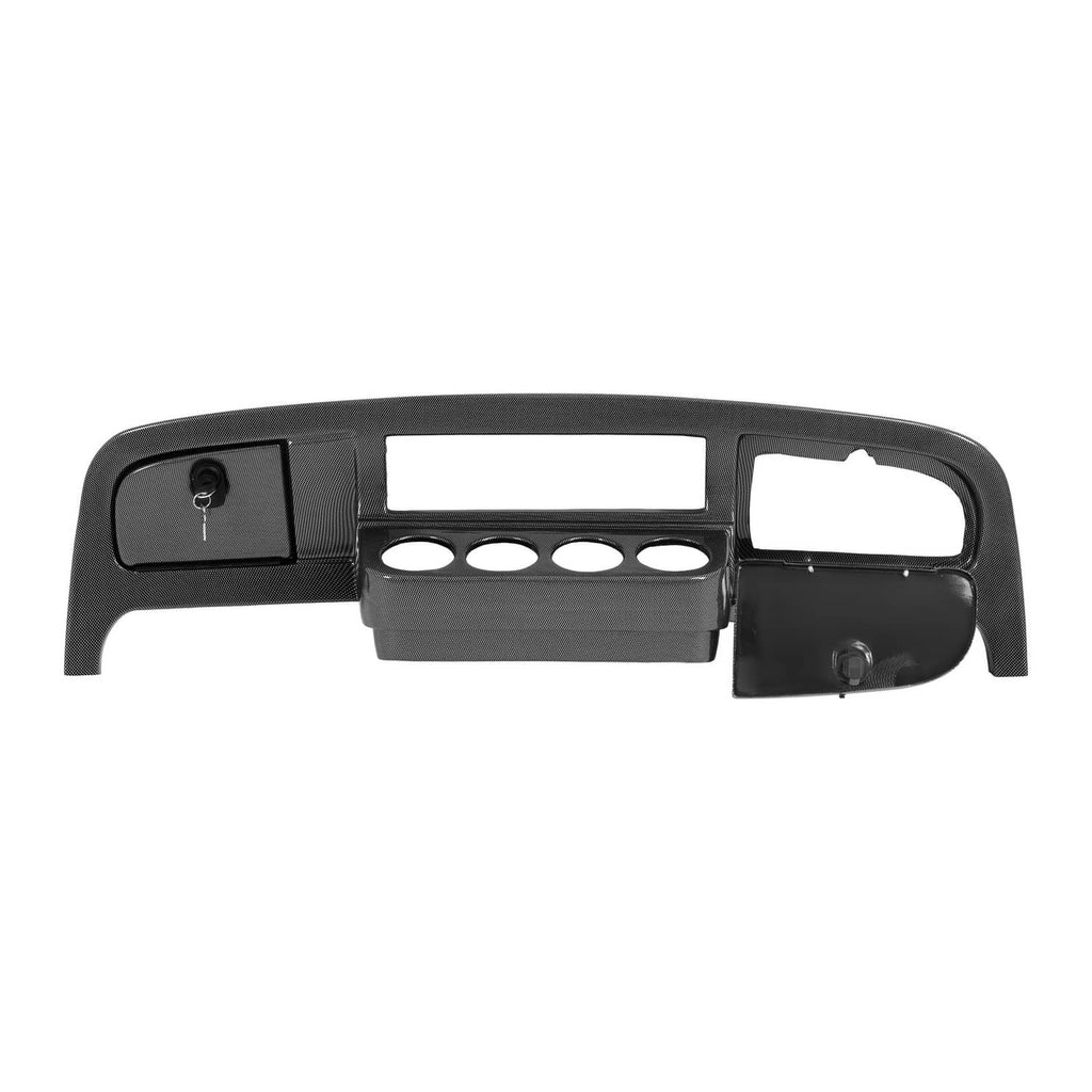 Carbon fiber style dashboard dash cover with three oval speaker cutouts and side panels