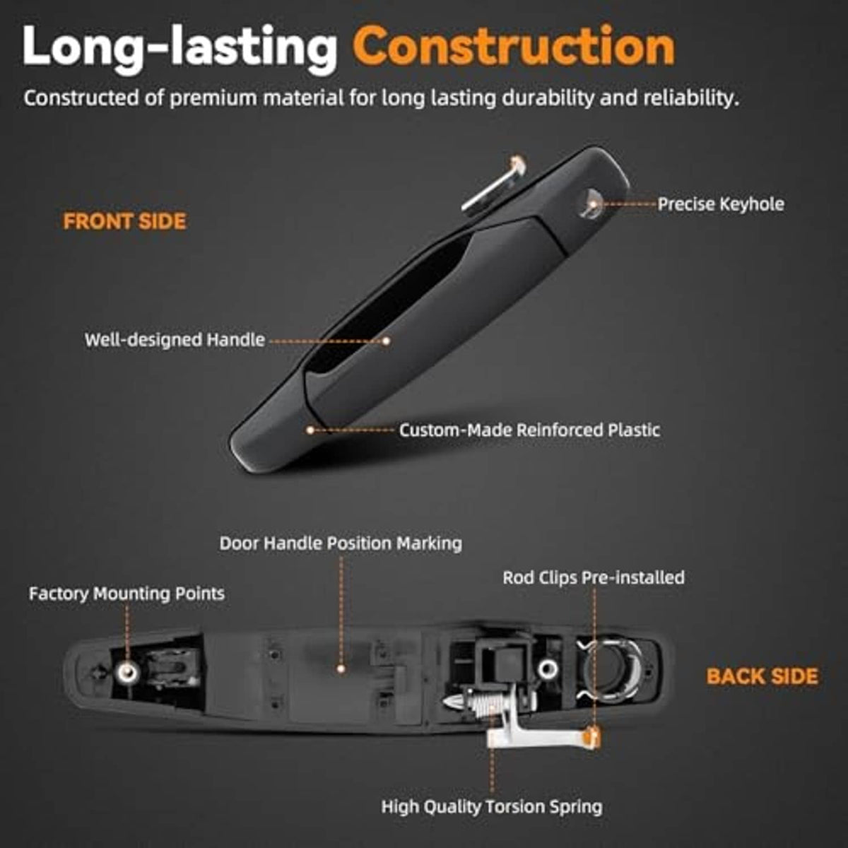 Black exterior door handle with visible mounting area and keyhole