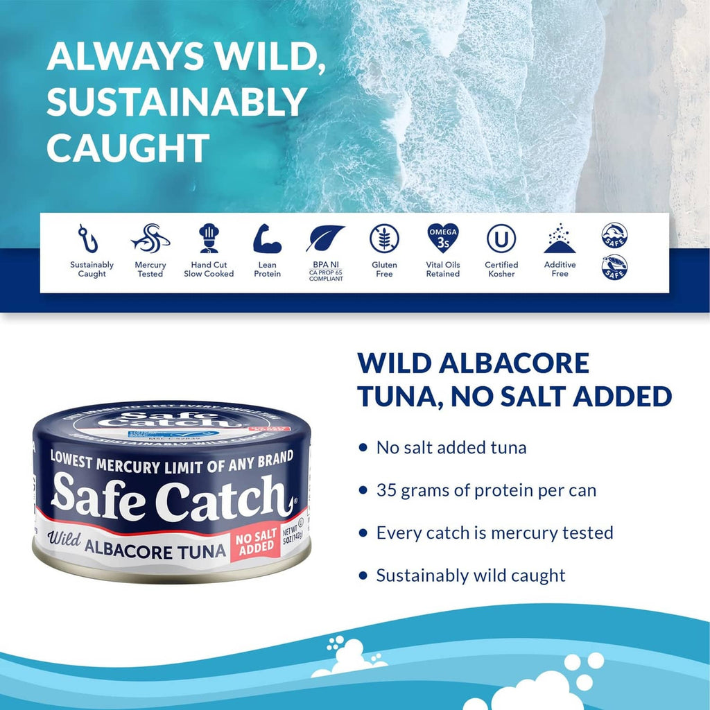 Safe Catch wild albacore tuna can with blue panel info, no salt added