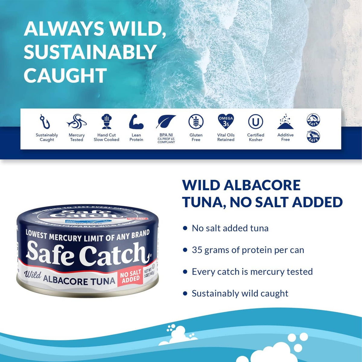 Safe Catch wild albacore tuna can with blue panel info, no salt added