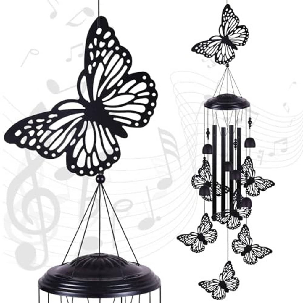 Black butterfly wind chime with hanging cylinder and multiple butterfly cutouts