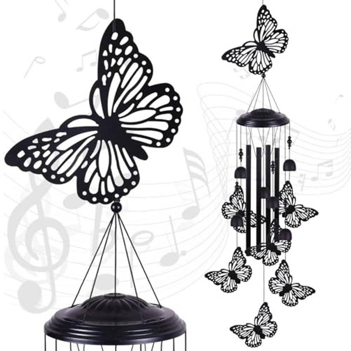 Black butterfly wind chime with hanging cylinder and multiple butterfly cutouts