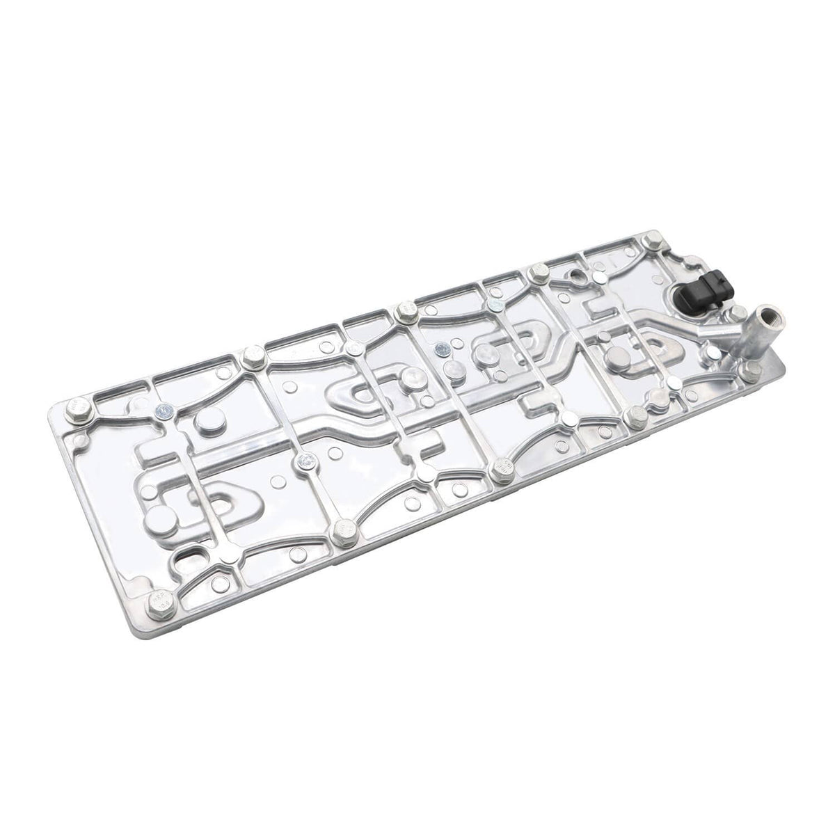 Valve cover with molded internal channels and a dark sensor connector on top