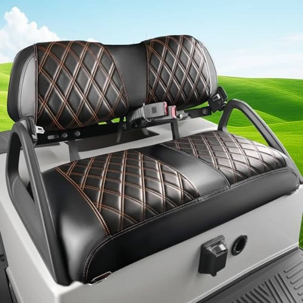 Black front seat cover with diamond quilt stitching and brown trim on fitted cushion