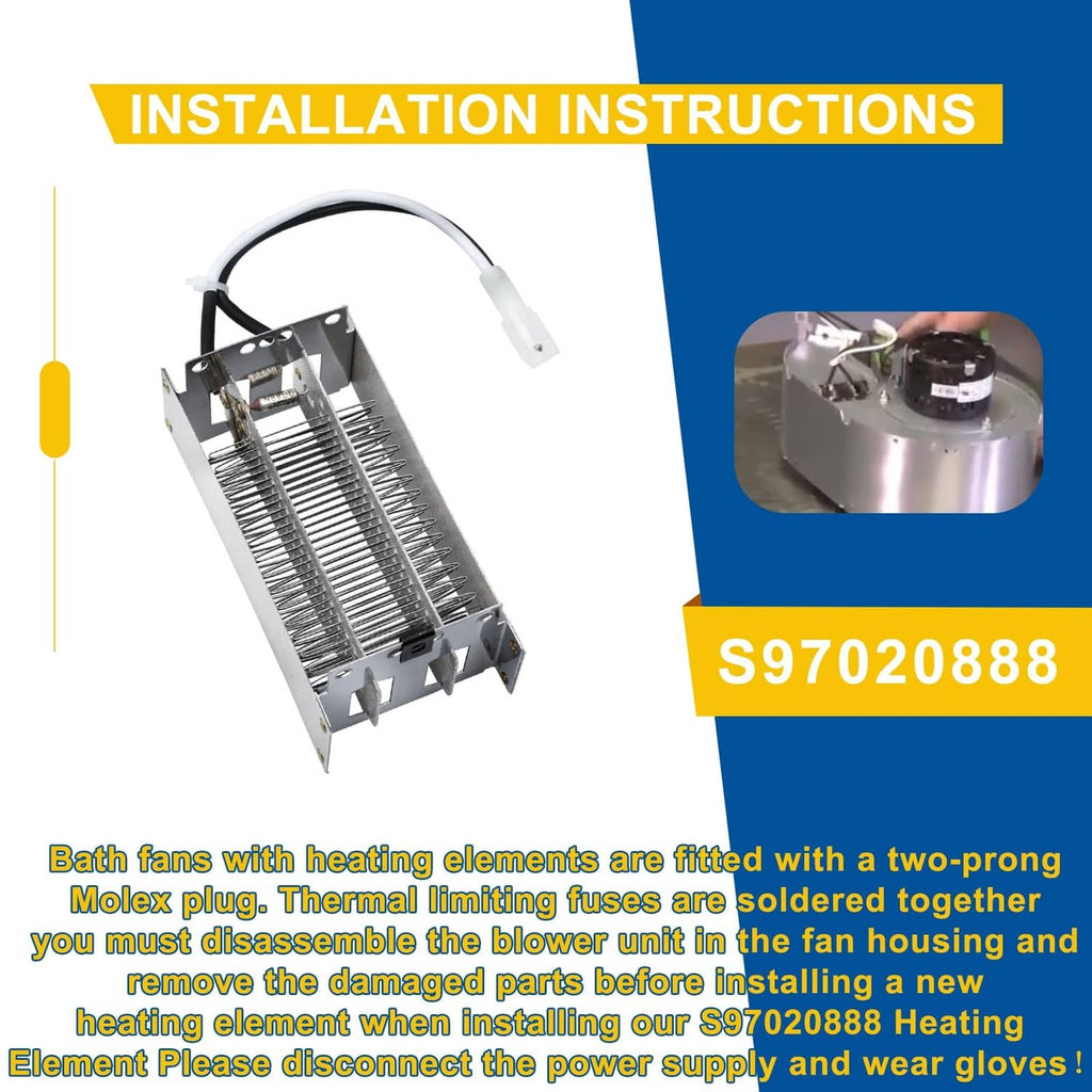 Bathroom fan heating element with metal grid and white two-prong plug