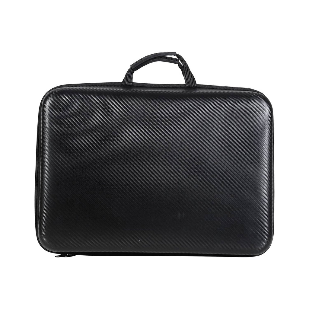 Black hard-shell storage case with carry handle for cordless pressure washer