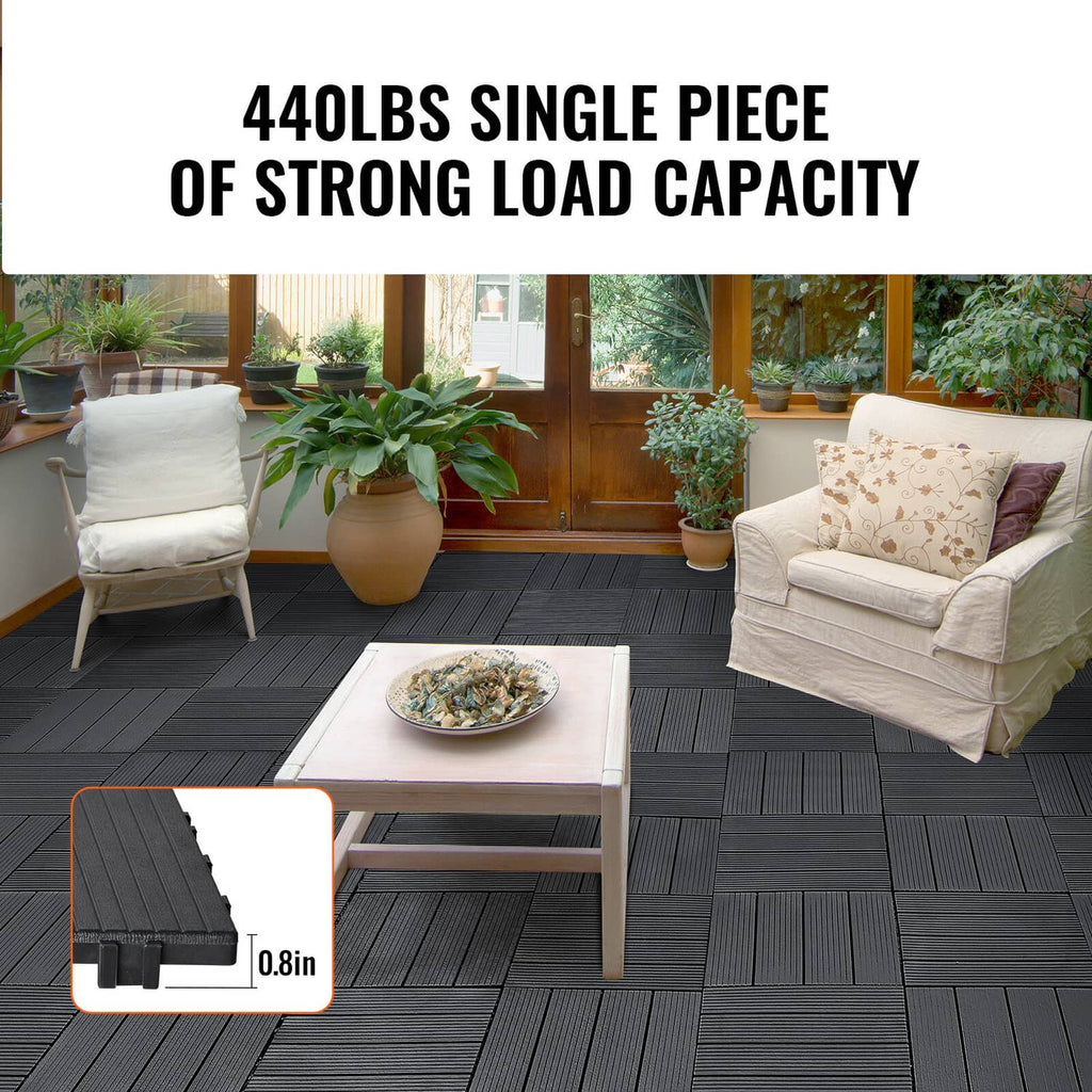 Dark grey interlocking deck tiles with ridged surface and interlocking edges