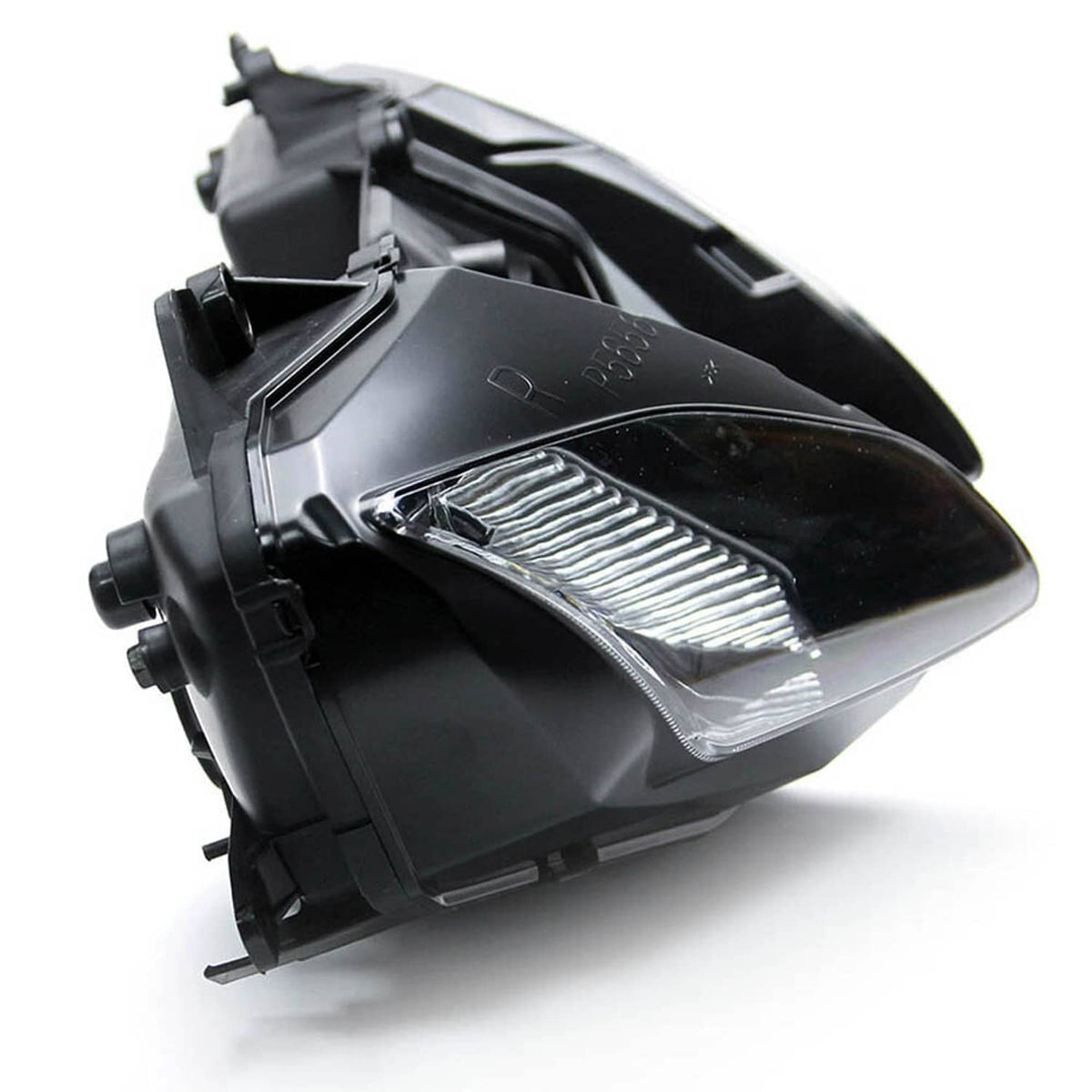 Motorcycle headlamp assembly with black housing and clear lens reflector