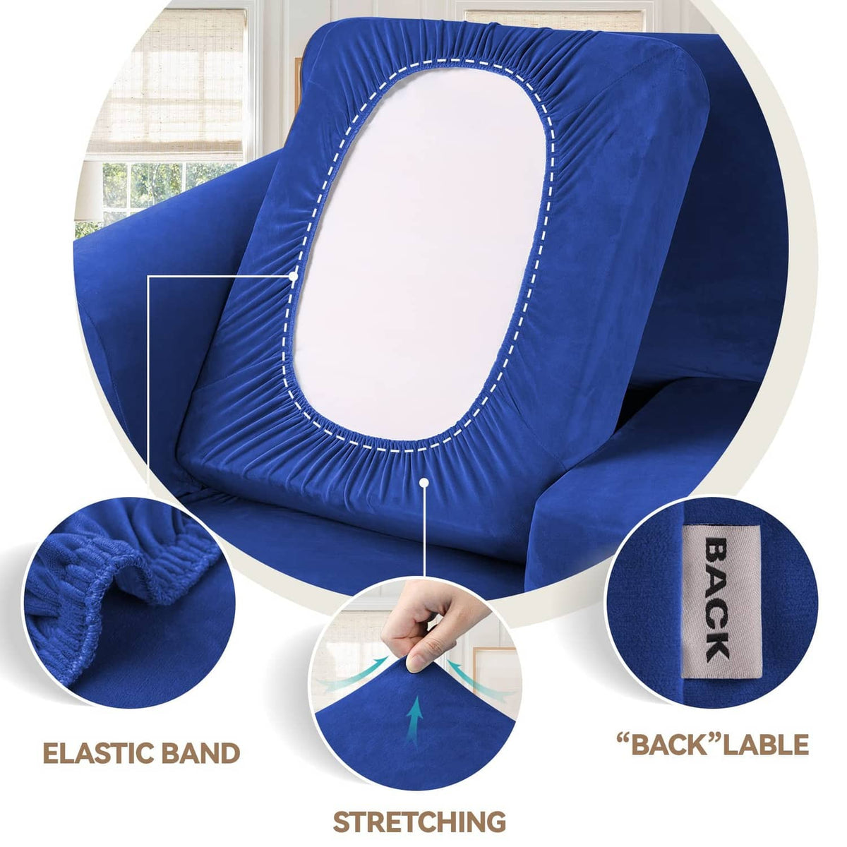 Royal blue high-stretch 3-cushion sofa cover with elastic band trim around the back
