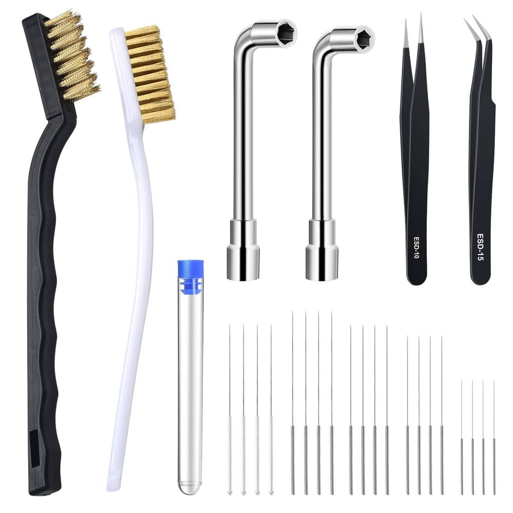3D printer nozzle maintenance kit with two L wrenches, brushes, tweezers, and cleaning needles