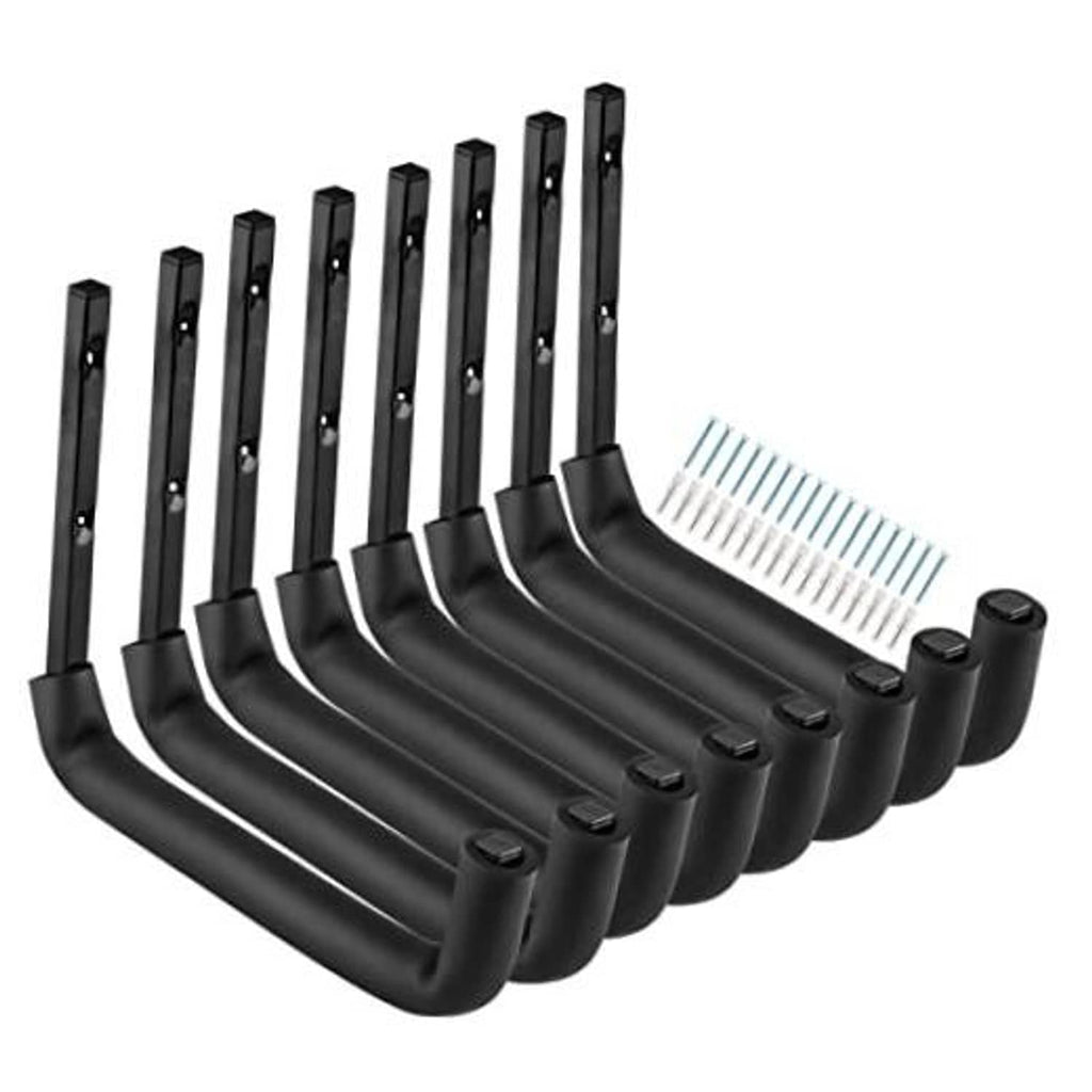 Set of 8 black U-shaped garage storage hooks with mounting plates and screw holes