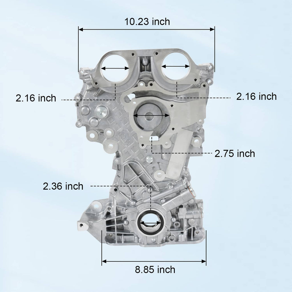 Timing cover assembly with dimensions shown for key mounting areas