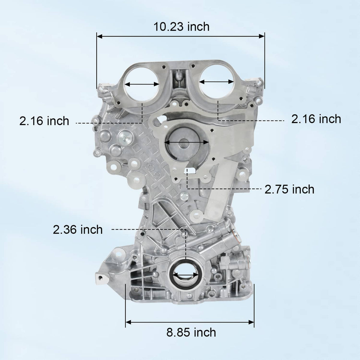 Timing cover assembly with dimensions shown for key mounting areas