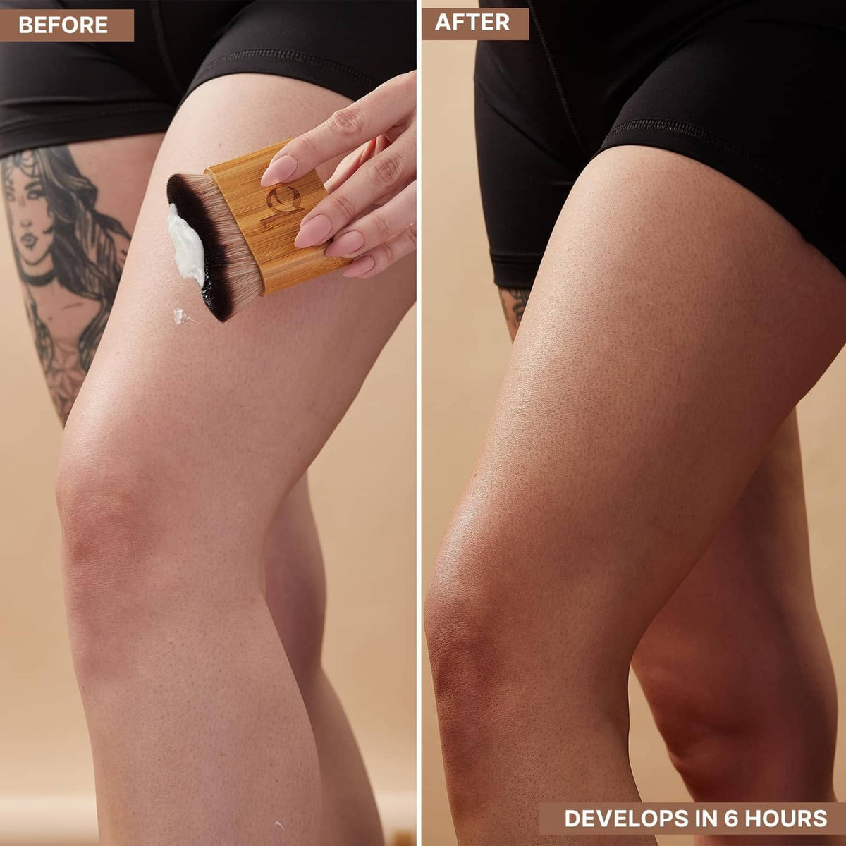 Self-tan lotion applied with brush on leg, before vs after