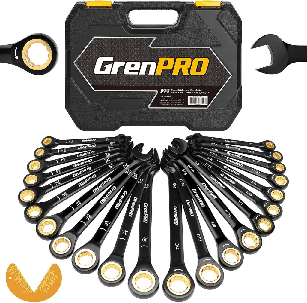 Ratcheting wrench set in a black plastic organizer case with assorted combo wrenches