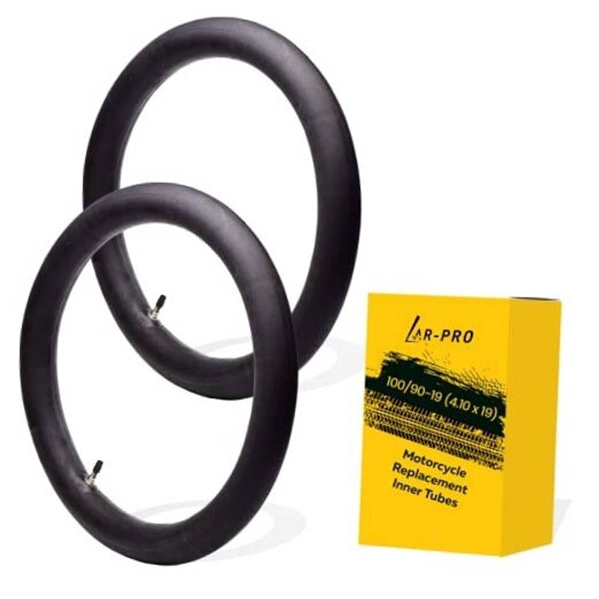 Set of two black motorcycle inner tubes with TR4 valve stems and yellow packaging box