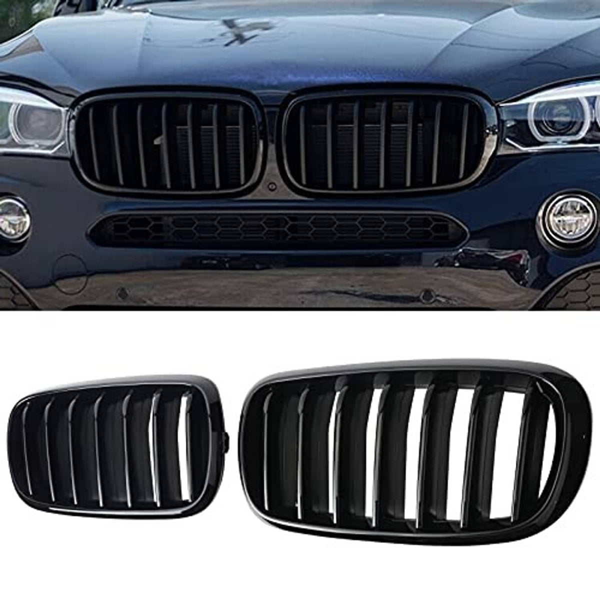 Pair of gloss black kidney grilles with single vertical slat design for front bumper.