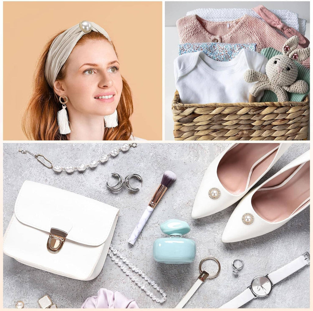 Pearl-look gold round buttons on clothing and accessories, visible on garments