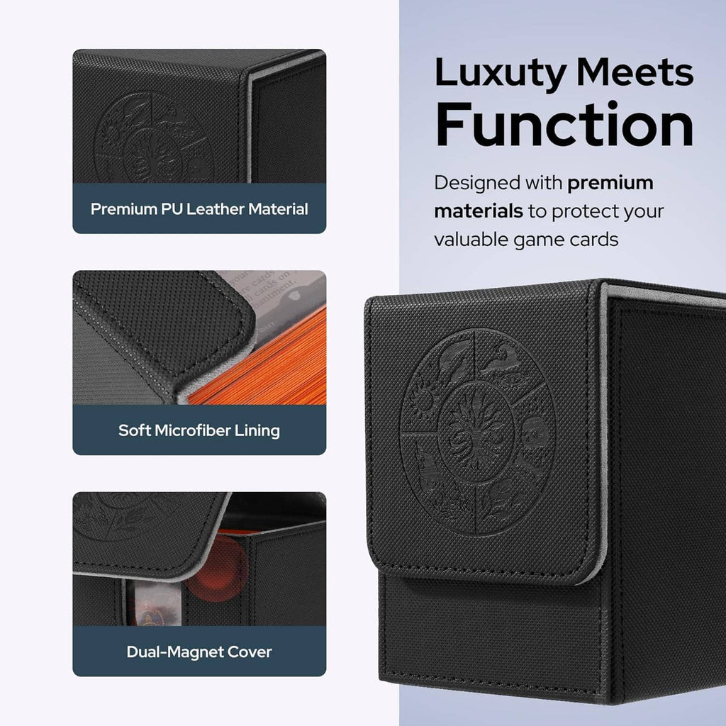 Black deck box with embossed dragon emblem on the front flap, textured PU cover