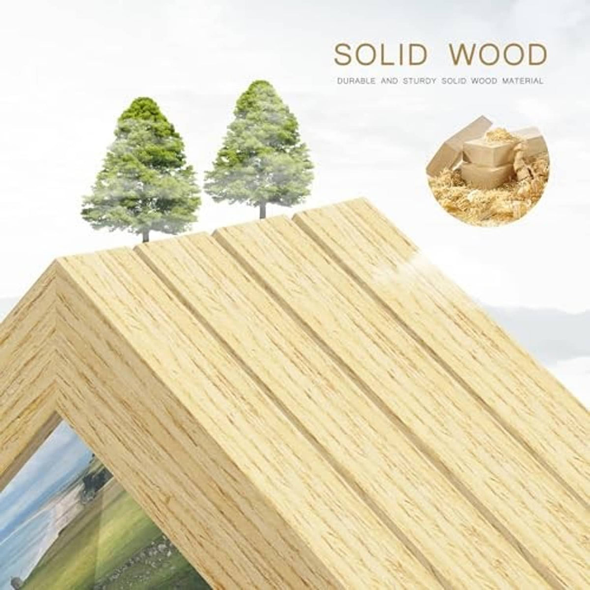Natural solid wood picture frame with visible light oak grain texture