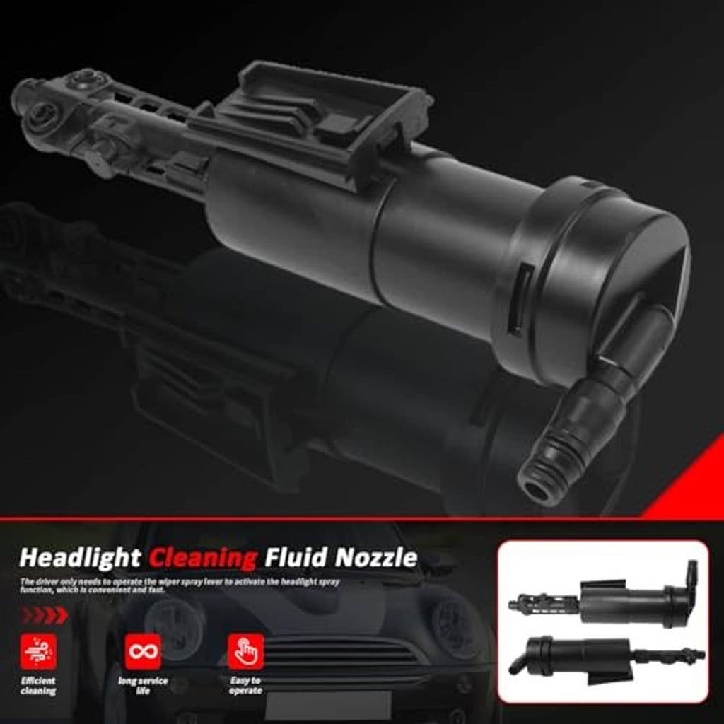 Black headlight cleaning fluid nozzle with spray port and mounting housing