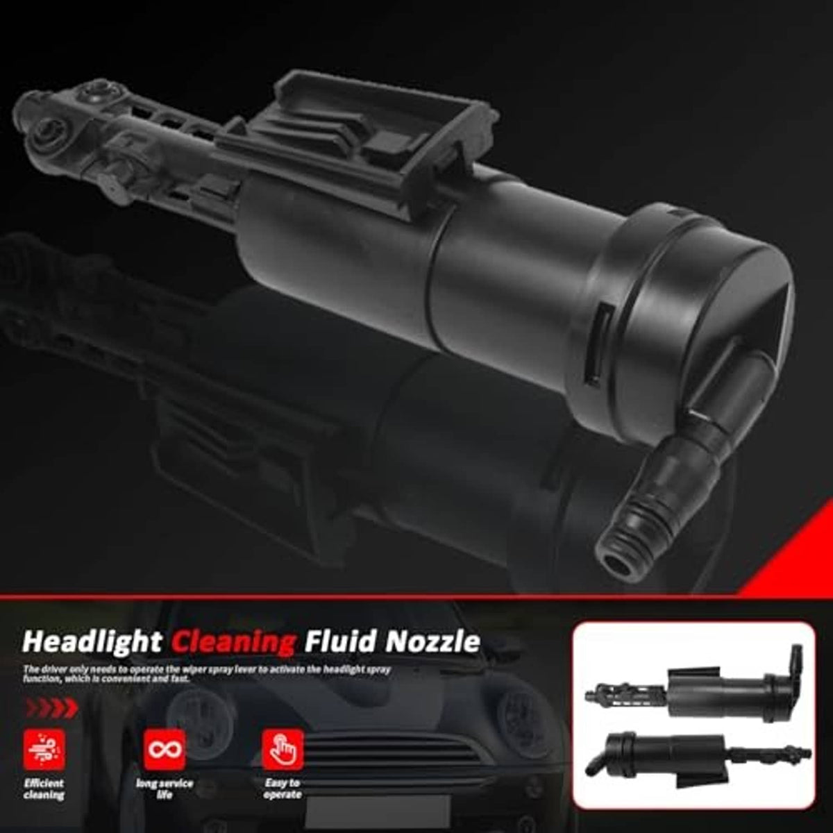 Black headlight cleaning fluid nozzle with spray port and mounting housing