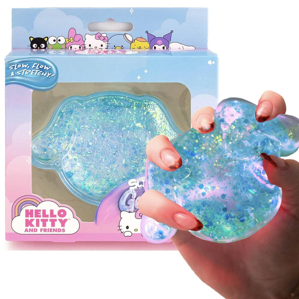 Glitter gel slime in blue, clear wavy “cloud” shape with sparkly speckles