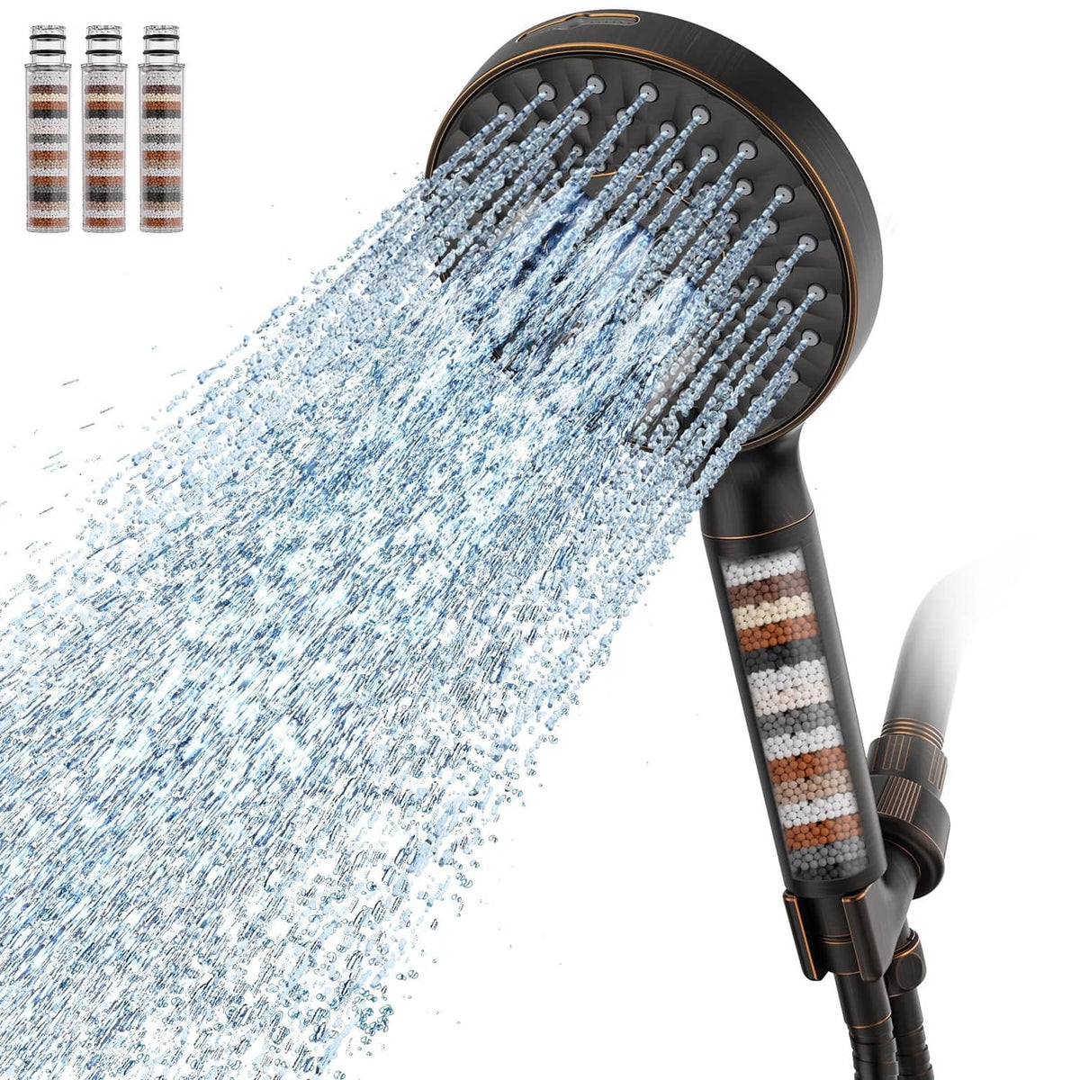 Oil rubbed bronze filtered handheld shower head with multiple spray jets, water streaming