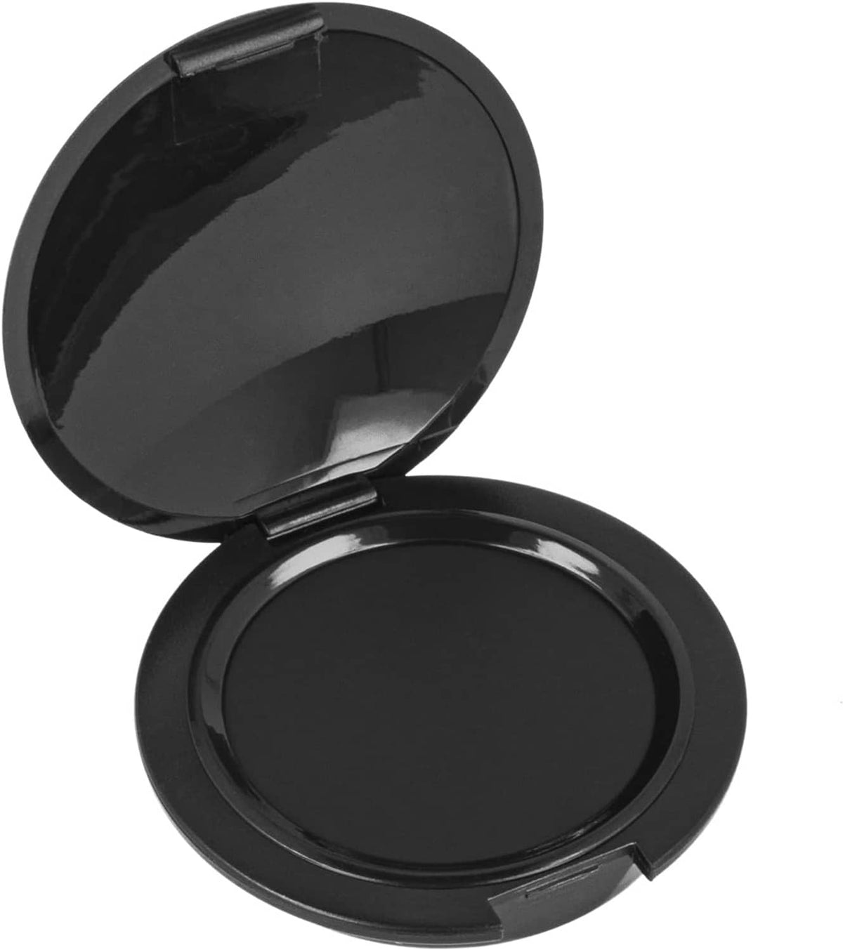 Black inkless fingerprint pad with lid open, showing round stamping surfaces