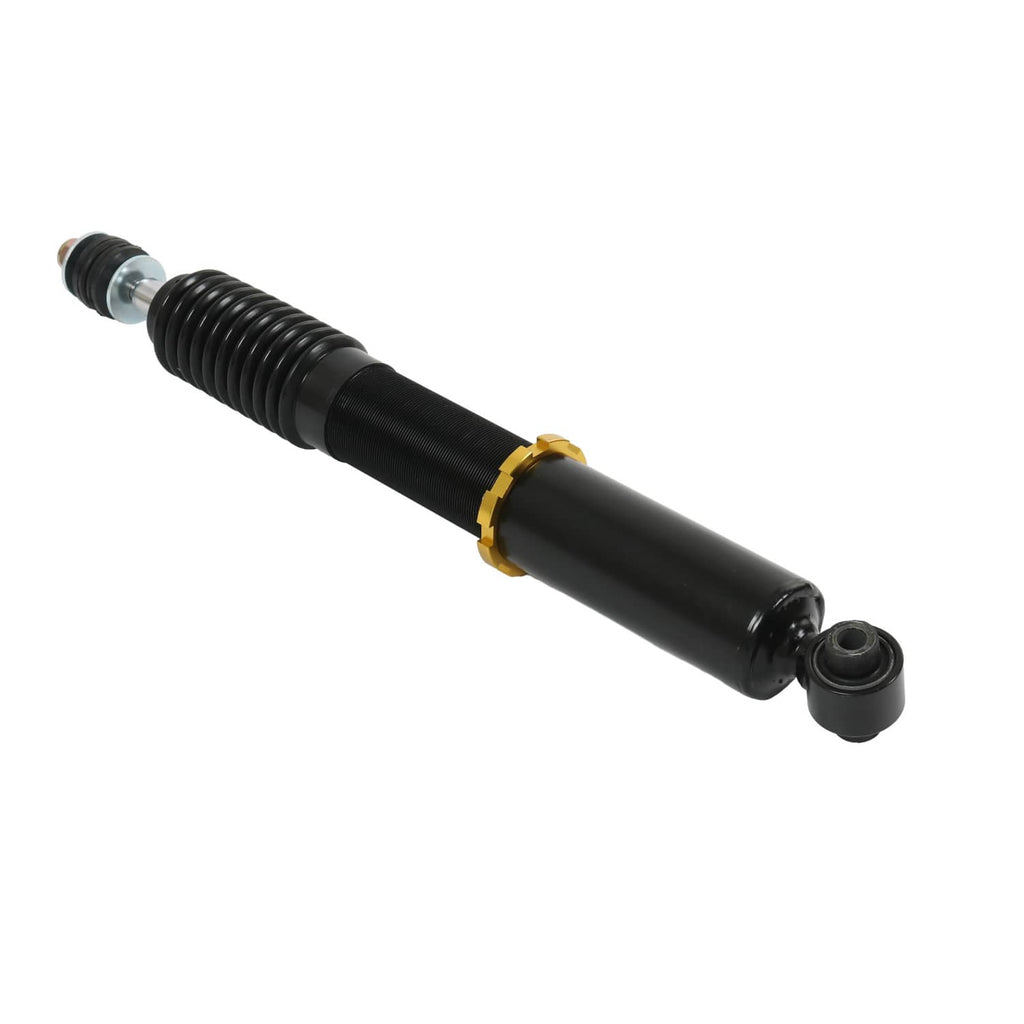 Coilover rear strut with black shock housing, silver shaft, and black coil spring