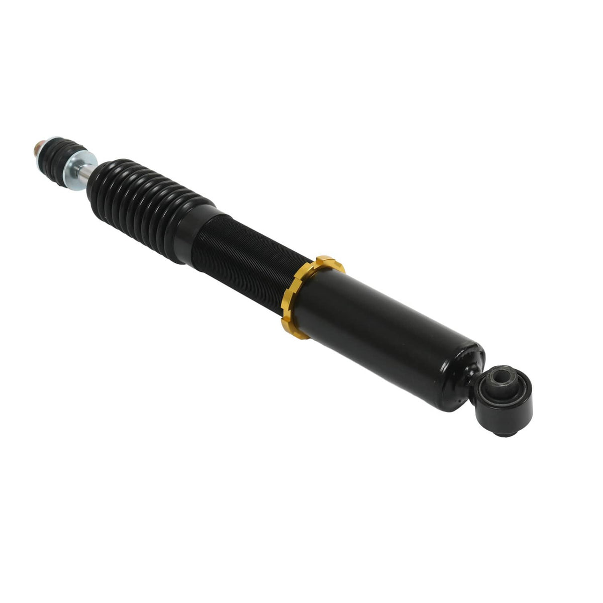 Coilover rear strut with black shock housing, silver shaft, and black coil spring