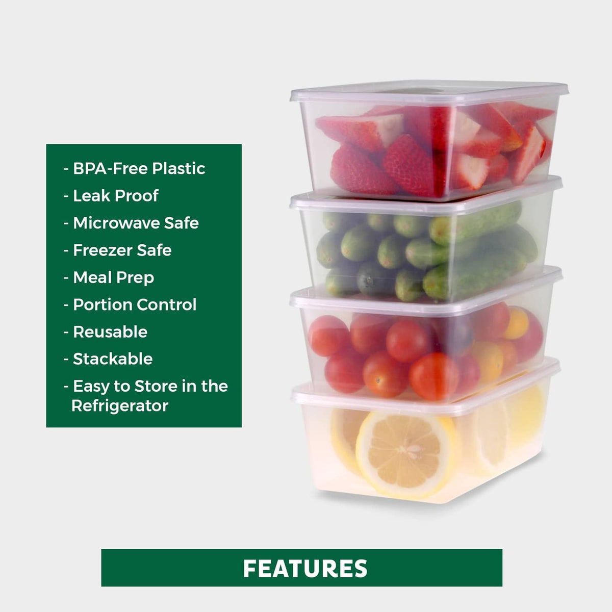 Stacked clear plastic food storage containers with airtight lids