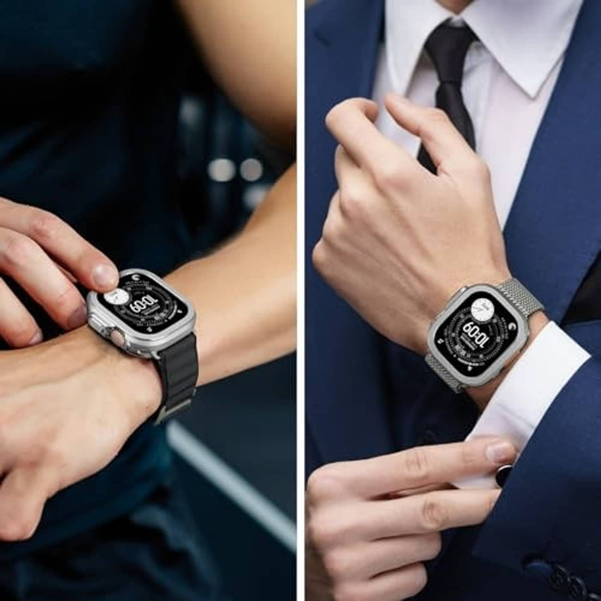 Apple Watch Ultra with silver metal cover and mesh band on two wrists