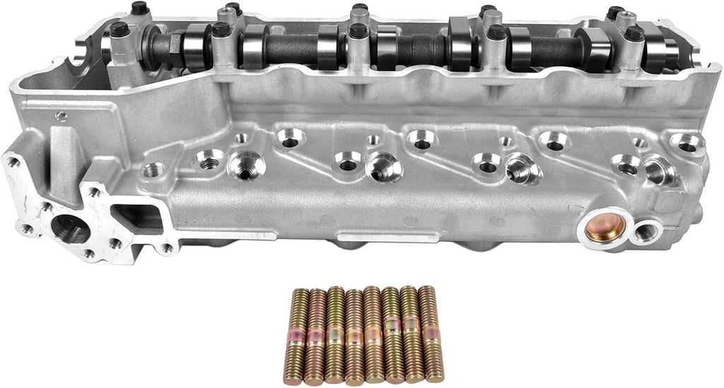 Cylinder head assembly end view with oil port and threaded stud bundle