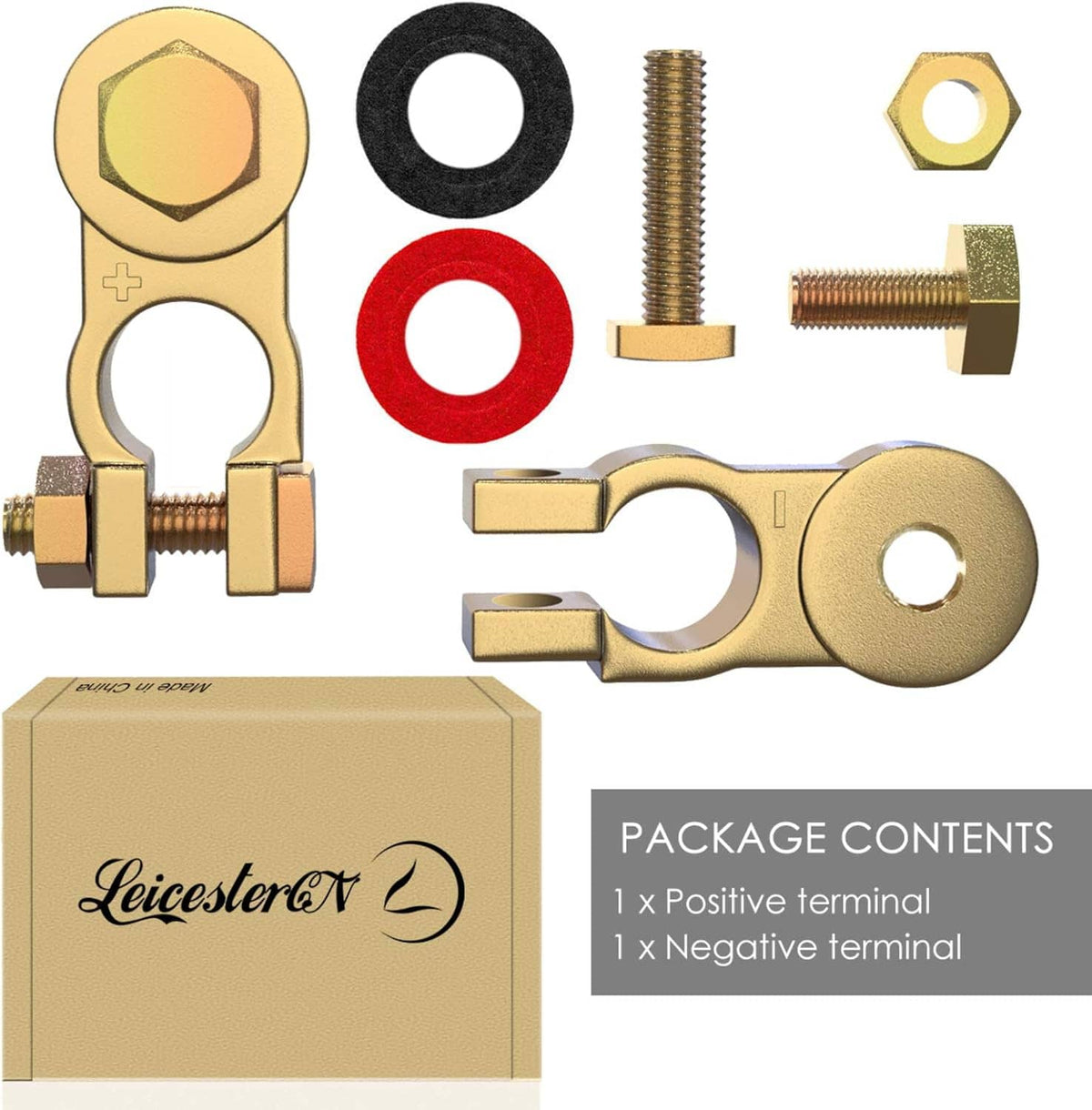 Brass battery terminal connectors and bolt hardware, plus and minus terminal ends