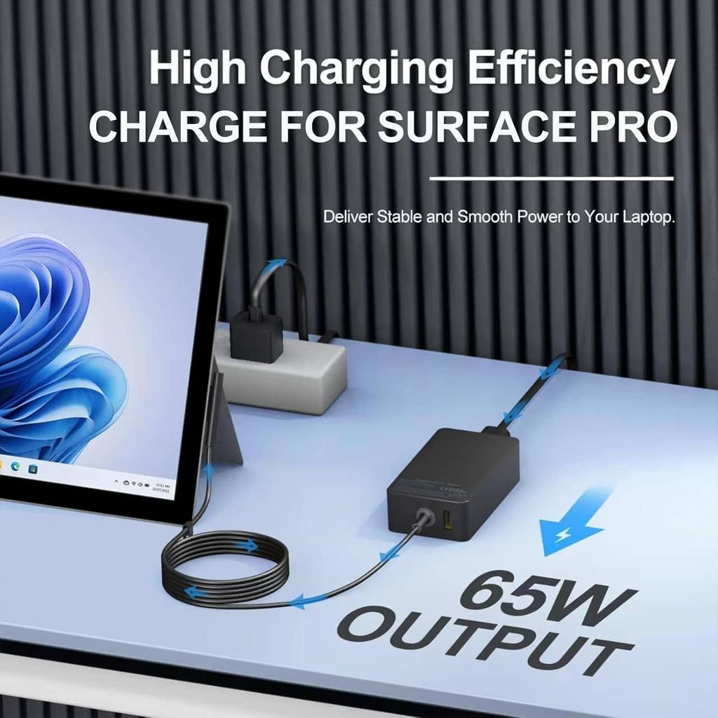 Black Surface Pro laptop charger adapter connected to tablet with power cable