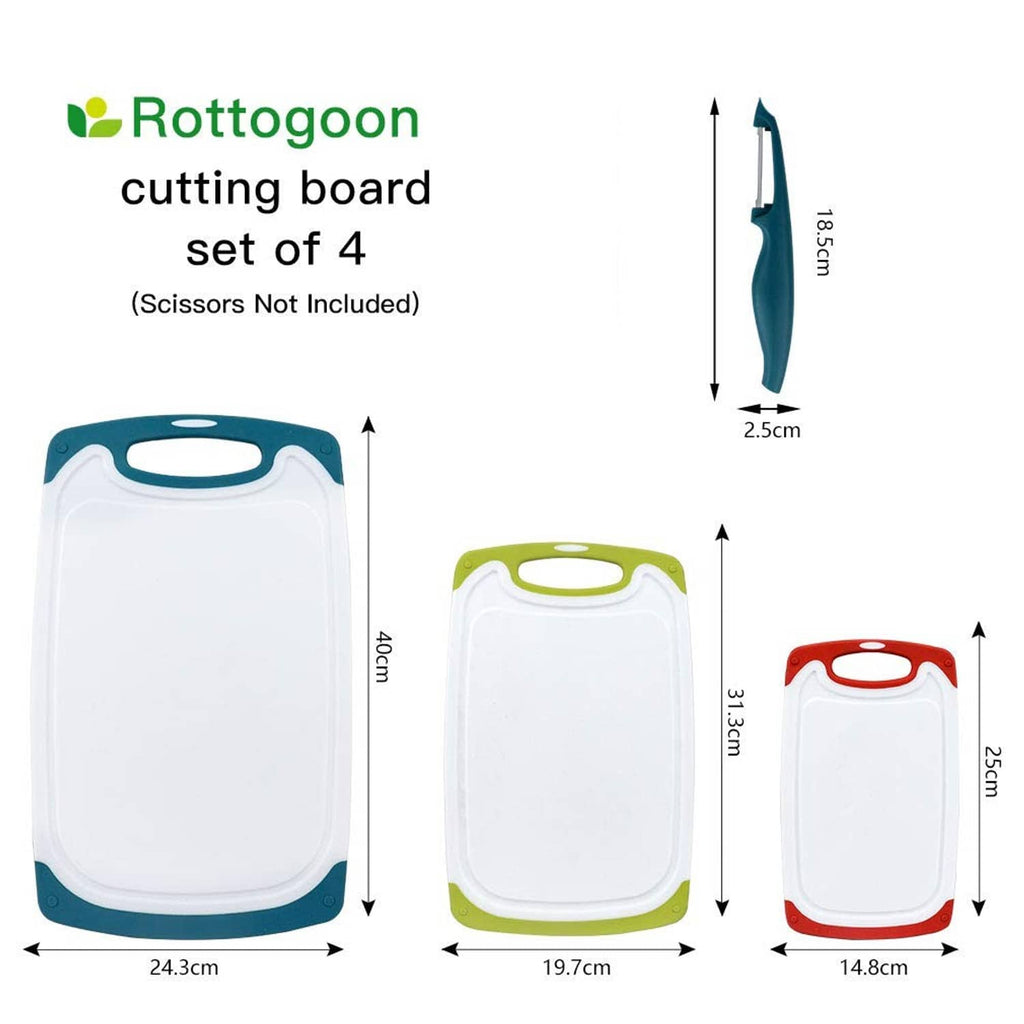 Set of 4 plastic cutting boards with color-coded handles: teal, green, red