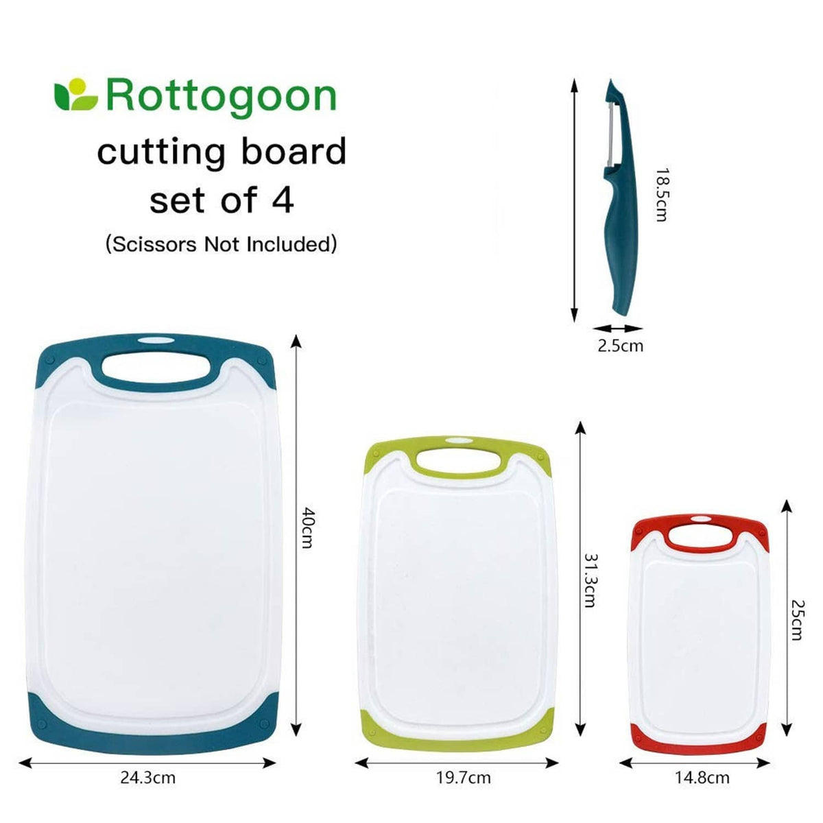 Set of 4 plastic cutting boards with color-coded handles: teal, green, red