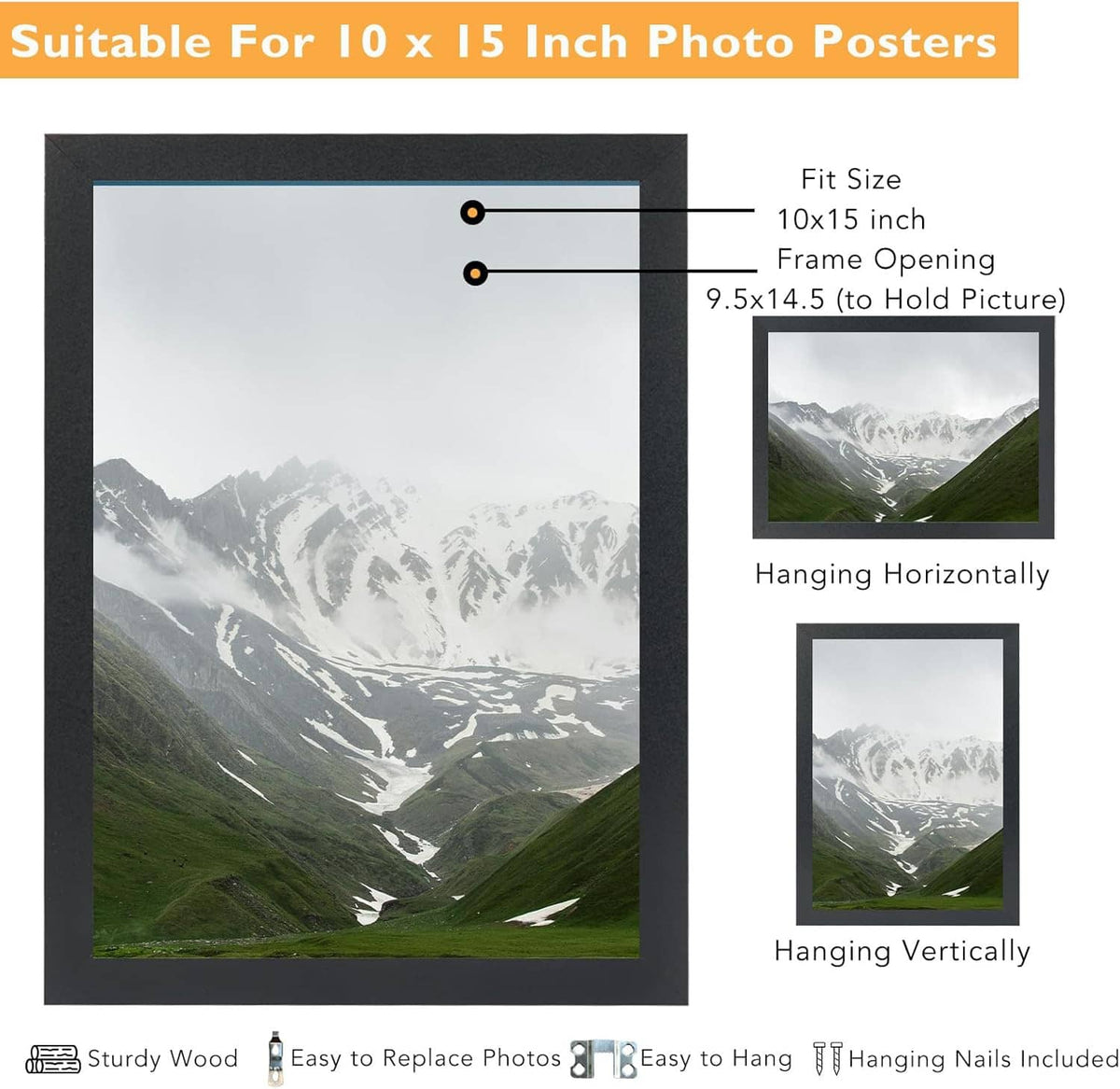 Black 10x15 picture frame showing mat opening and wall-hanging horizontal/vertical options.