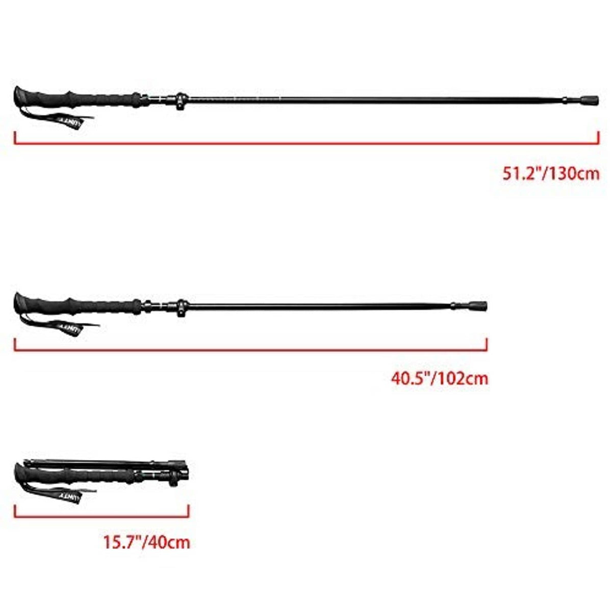 Trekking pole length chart showing folded and extended sizes: 51.2 in, 40.5 in, 15.7 in